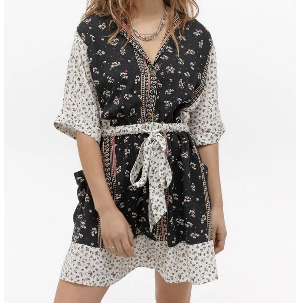Urban Outfitters Matilda Floral Mixed Print Mini Dress Size L Black White